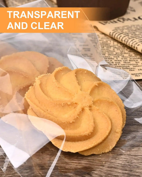 Transparent 300 Pack Self Adhesive Cookie Bags 4x6 Inch Clear Cellophane Bags With Easy Seal Resealable Packaging showing cookies inside