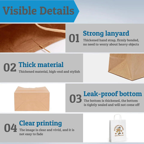 Visible details of Custom Logo Gift Bags Kraft Paper With Handles Set Of 100 Double Sided Color Printing In Six Color Options Three Sizes
