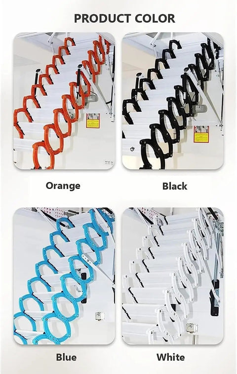Heavy Duty Electric Attic Ladder With Telescopic Ceiling Mount in orange, black, blue, and white colors displayed.