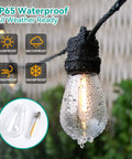 Close-up of wet bulb on LED Outdoor String Lights 48 Feet With 22 Dimmable Edison Bulbs Shatterproof Waterproof Patio Cafe Bistro Use
