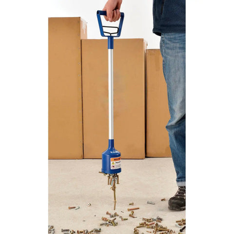 Person using Magnetic Bulk Lifter With Extended Handle For Screws Nails Bolts And Metal Debris Clean Up In Garages, Workshops, And Construction Sites, 30 Lb Lifting Power, Heavy Duty Magnet, Easy One Hand Use to lift metal debris from floor
