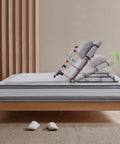 Heavy Duty Electric Lifting Bed Backrest With Guardrail, 2-80 Degree Adjustable Recline Support For Seniors And Patients, Removable Cushion, Sturdy Carbon Steel Frame, 661lbs Load Capacity, Gray positioned on mattress.