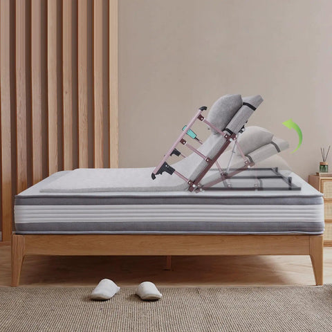 Heavy Duty Electric Lifting Bed Backrest With Guardrail, 2-80 Degree Adjustable Recline Support For Seniors And Patients, Removable Cushion, Sturdy Carbon Steel Frame, 661lbs Load Capacity, Gray positioned on mattress.