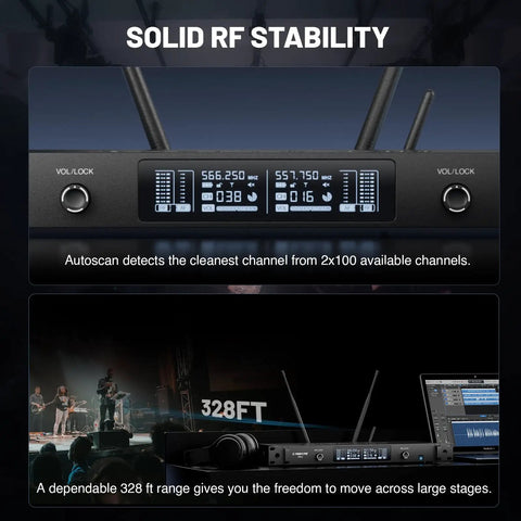 Smart UHF Wireless Microphone System for Live Shows with Dual Cordless Mics, Auto Scan and Sync, 328 Feet Range display.