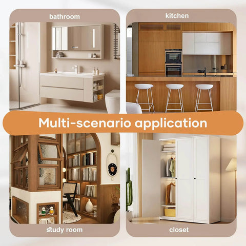 Multi-scenario home application including bathroom, kitchen, study room, and closet with various furniture setups.