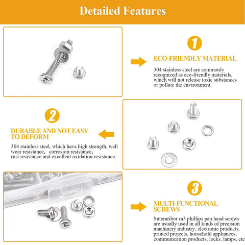Premium 565 Piece M3 Phillips Pan Head Machine Screws Hex Nuts Assortment Kit With Split And Flat Washers Fully Threaded 304 Stainless Steel features.