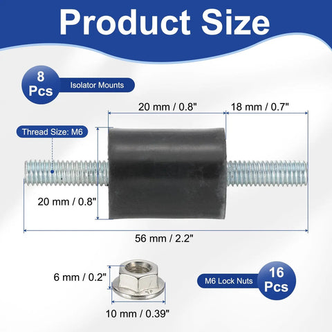 M6 Rubber Isolator Mounts Eight Pack Anti Vibration Dampers For Motors Air Compressors And Engines 56mm Tall 20x20mm Base M6 Thread Lock Nuts Included Heavy Duty Vibration Dampening, size diagram