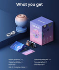 Galaxy Star Projector For Bedroom With Replaceable Optical Film Discs packaging and contents including projector, discs, and cables.