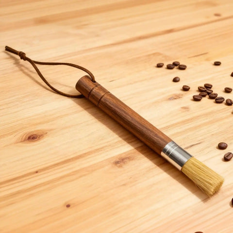Grinder Cleaning Brush Set With Walnut Wood Handle And Natural Bristles For Espresso Machines And Home Baristas on wooden surface