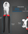 10 Inch High Leverage Cable Cutter Pliers showing dimensions and cutting capacities for aluminum and copper wiring.