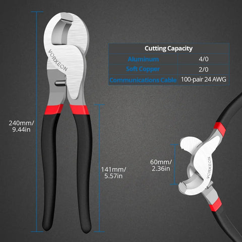 10 Inch High Leverage Cable Cutter Pliers showing dimensions and cutting capacities for aluminum and copper wiring.