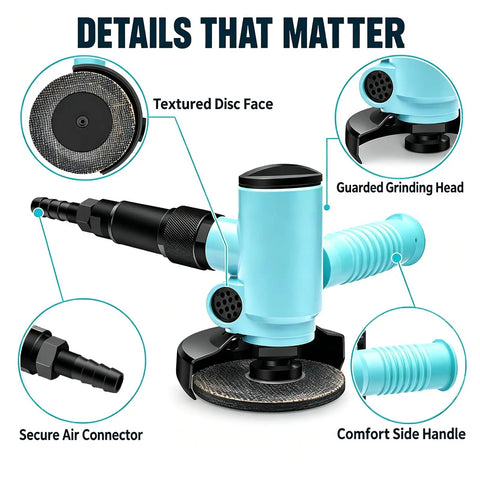 4 Inch Pneumatic Angle Grinder Blows Dust Away For Crisp Visibility While Banging Out Heavy Weld Prep and Polish Jobs with a textured disc face.