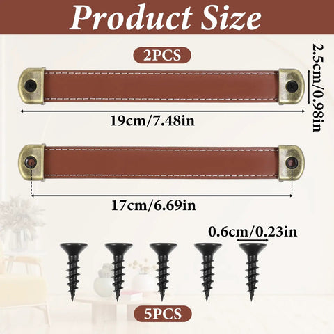Leather Drawer Pulls Set With Brown PU Leather Straps, 2 pcs, 19cm and 17cm size, includes 5 mounting screws
