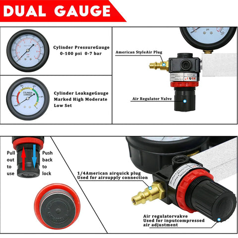 Automotive cylinder leak-down tester kit with dual pressure/leak gauges, brass American plug, red regulator valve, extension rod
