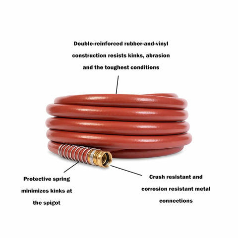 Heavy Duty Water Hose With Commercial Grade Double Reinforced Rubber And Vinyl Abrasion Resistant Red Cover coiled with brass fitting
