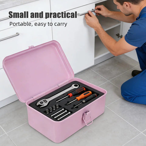 Badass Pink Metal Toolbox With Reliable Locking Latch Built Tough For Your Sweet Ride And Garage Grinds, open with tools inside on floor.