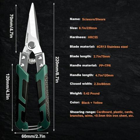 Workhorse Tin Snips Set With Straight And Curved Metal Cutter Shears Heavy Duty Stainless Steel Non Slip Serrated Blades For Quick Clean Cuts On Tin Aluminum Copper Cardboard And Roofing Metal For DIY Projects, 8.7in