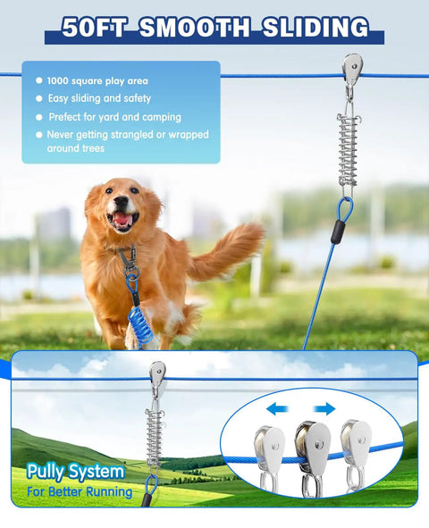 Built Tough 50 Ft Dog Aerial Zipline With Double Shock Absorption for Large Dogs shown in outdoor setup with pulley system