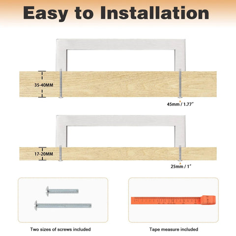 Diagram showing 50 Pack Satin Nickel Stainless Steel Square Bar Cabinet Handles For Kitchen Cupboards And Drawers, with measurements and screws.