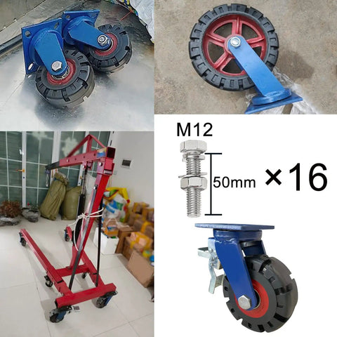 Heavy Duty Industrial Casters With Brakes Solid Rubber Wheels Ball Bearings Smooth Silent Roll Four Pack shown on a workbench.