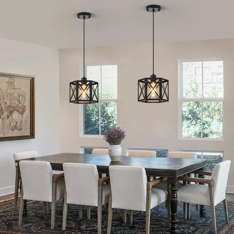 Farmhouse Pendant Lights 2 Pack Modern Black Hanging Light Fixtures with Hexagonal Cage in dining room setting