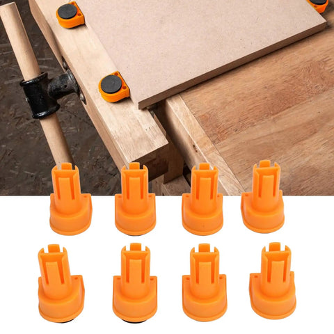Set Of 8 19mm Nylon Bench Dogs For Woodworking, Non Marring Workbench Pegs shown securing wood on a workbench.