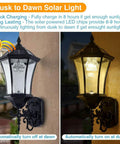 Solar Wall Lantern Outdoor Wireless Dusk To Dawn Light With 21 Inch Large LED Wall Sconce Fixture showing daytime and nighttime use