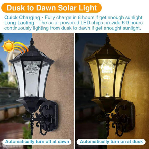 Solar Wall Lantern Outdoor Wireless Dusk To Dawn Light With 21 Inch Large LED Wall Sconce Fixture showing daytime and nighttime use