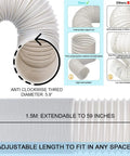Portable AC Exhaust Hose With Coupler 59 Inch Universal Vent Kit Anti Clockwise Thread 5.9 Inch Duct Hose For Most Portable AC Units Easy Fit Durable Hose And Coupler, showing hose details and installation.