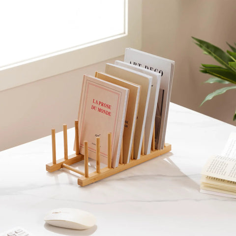 2 Pack Premium Bamboo Dish Rack And Plate Holder With 7 Slots To Level Up Your Kitchen Game solid wood stand holding books on countertop.