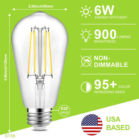 Vintage LED Edison Bulbs ST58 6W Equivalent 60W High Brightness Daylight 4000K 95 Plus CRI 900 Lumens E26 Medium Base