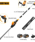20V Cordless Pole Hedge Trimmer with two 4.0Ah batteries, 9 ft reach, 16 inch dual-action steel blades, extension pole.