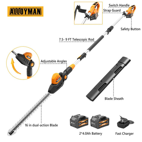 20V Cordless Pole Hedge Trimmer with two 4.0Ah batteries, 9 ft reach, 16 inch dual-action steel blades, extension pole.