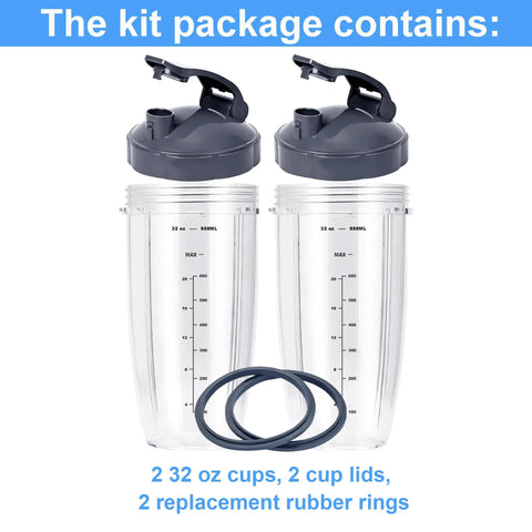 2 Pack 32oz Replacement Cups For 600W And 900W Blenders With Two Flip Top To-Go Lids, BPA-Free High Impact Plastic, Dishwasher Safe