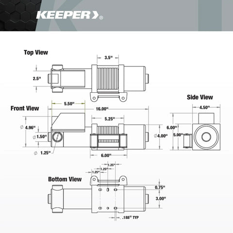 Technical diagrams of Electric Winch 1500 Lb Capacity With Remote Control, showing top, front, side, and bottom views.