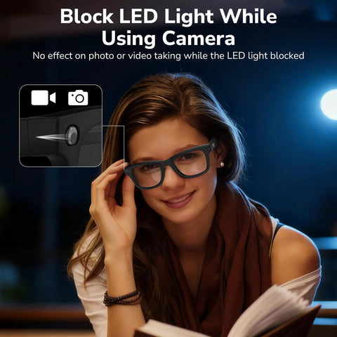 Woman reading and wearing Meta glasses with LED Light Blocking Stickers for Gen 1 and 2, showing LED light coverage at night.
