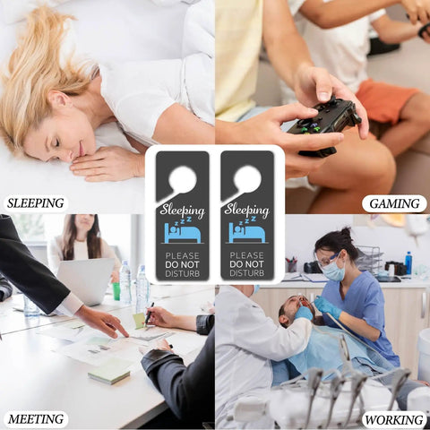Collage with sleeping woman, gaming child, meeting, and dentist, featuring Sleeping Do Not Disturb Door Hanger Signs Black PVC Double Sided 9x4 Inch Two Pack.