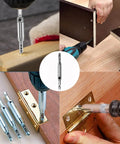 3 Piece HSS Self Centering Hinge Drill Bit Set for Woodworking Doors and Cabinets, showing usage in hinge installations