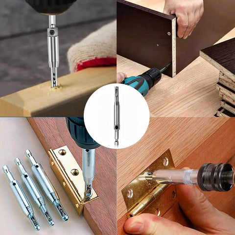 3 Piece HSS Self Centering Hinge Drill Bit Set for Woodworking Doors and Cabinets, showing usage in hinge installations