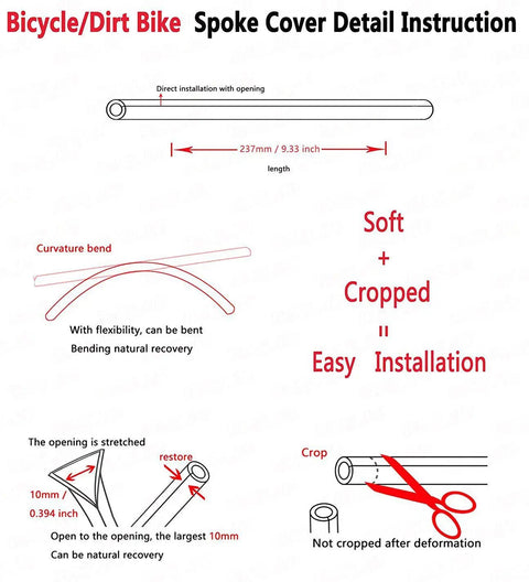 Instruction diagram for Spoke Skin Covers 72 Piece Pack For 8 To 21 Inch Rims with installation and flexibility details.