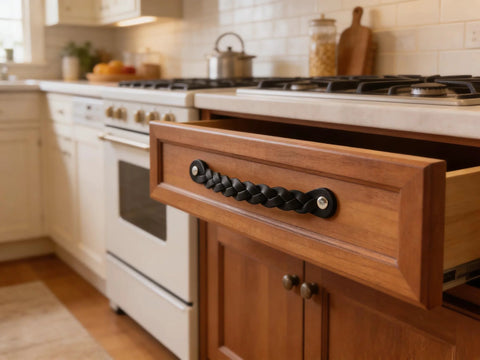 Braided Leather Drawer Pulls Set In Black Six And A Half Inch Length By One Inch Width, installed on a wooden kitchen drawer.