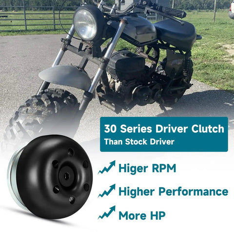 30 Series Torque Converter Driver Clutch Kit for Predator 212cc mini bike displayed beside terrain vehicle with features highlighted