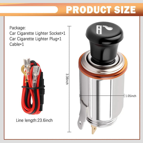 Boss Level Universal 12V Car Cigarette Lighter With Waterproof Heating Core And 24 Foot Extension Cord Plus Plug And Play Wiring Harness shown with size dimensions.