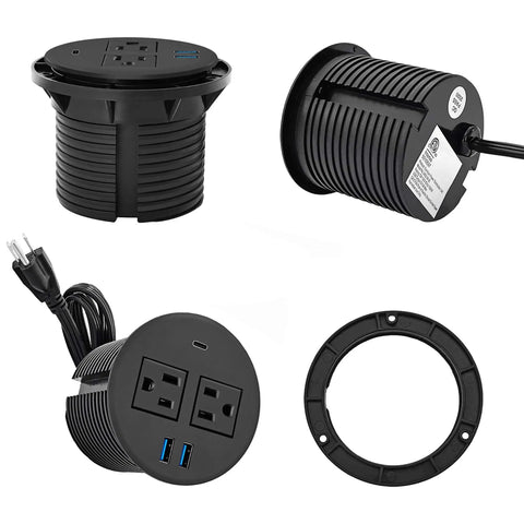 Desk Power Grommet With PD 20W USB C Hub Recessed Outlet Strip With USB Port 2 AC Outlets And 3 USB Chargers, shown disassembled.