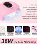 Pink UV LED nail lamp with digital display and 3 timer settings, part of Three Color Acrylic Nail Powder Starter Kit with Electric Nail Drill And UV Light Pro Tools Set Including Nail Forms Files Buffers Brush And Decor For Beginners Home Salon Gift Clear White Nude.