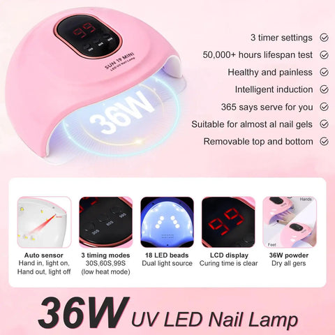 Pink UV LED nail lamp with digital display and 3 timer settings, part of Three Color Acrylic Nail Powder Starter Kit with Electric Nail Drill And UV Light Pro Tools Set Including Nail Forms Files Buffers Brush And Decor For Beginners Home Salon Gift Clear White Nude.
