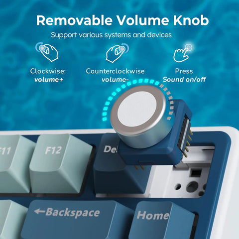 Close-up of a removable volume knob on the Dope 75 Percent Wireless Mechanical Gaming Keyboard for easy audio control.