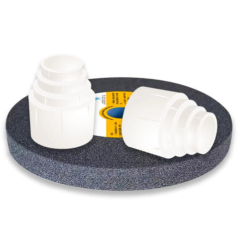 8 Piece Reducing Bushing Adapters For Bench Grinder Wheels Set 2 Sets Included Four Bushing Sizes For Three Quarter Inch Wheels Inner Diameters One Half Inch Five Eighths Inch Three Quarters Inch And One Inch To One And A Quarter Inch Plastic, white adapters on grinder wheel