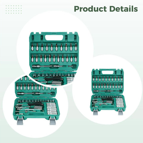 Open portable case showing 53 Piece Metric Socket Set With 72 Tooth Ratchet Chrome Vanadium Steel Construction