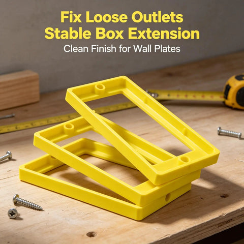 Single Gang Outlet Box Extender One Quarter Inch Snap On Wall Plate Gap Filler stacked yellow spacers on wooden surface for outlet leveling.
